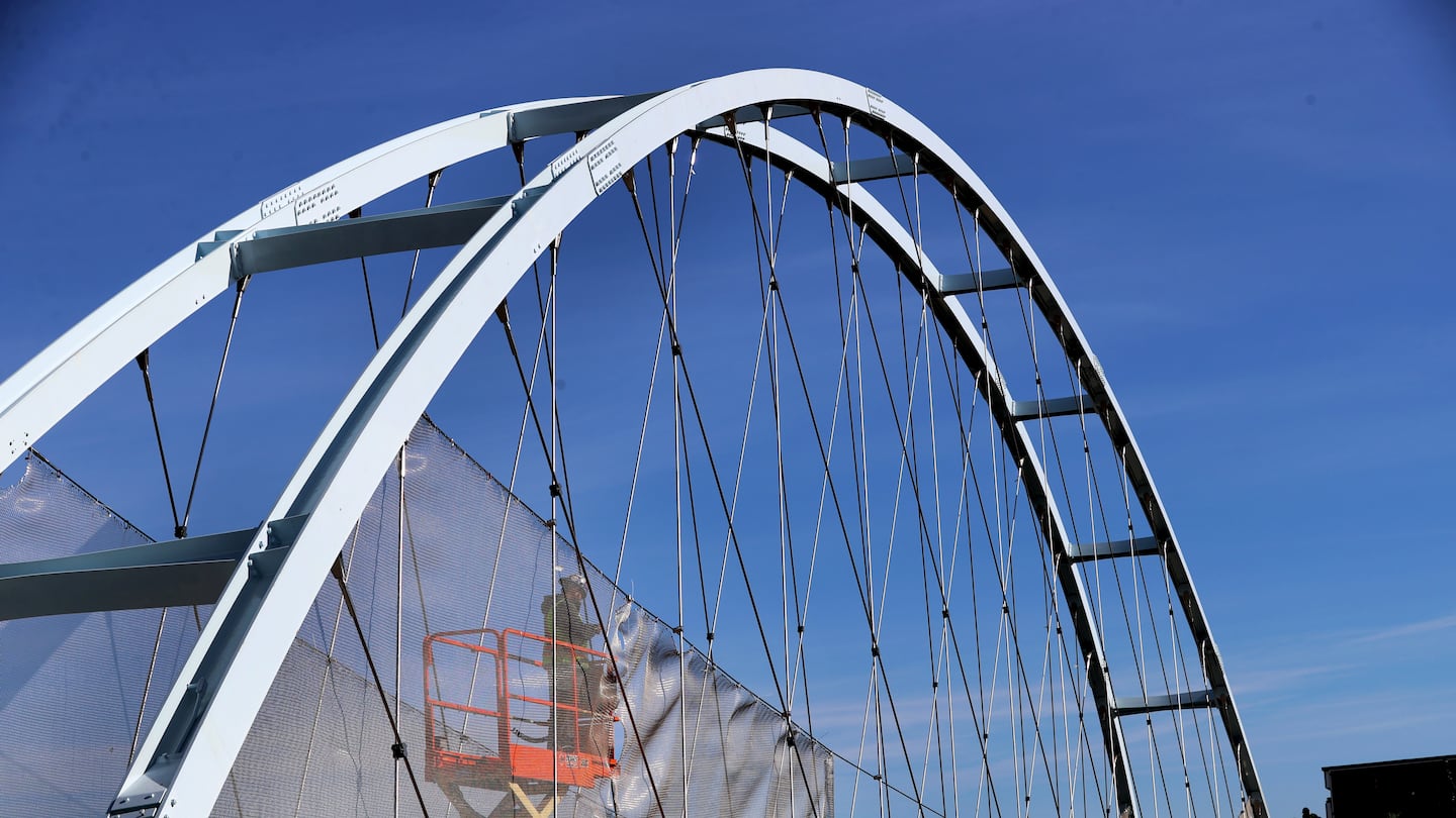 A footbridge, under construction at Purchase Street, that leads to a New Bedford rail station.