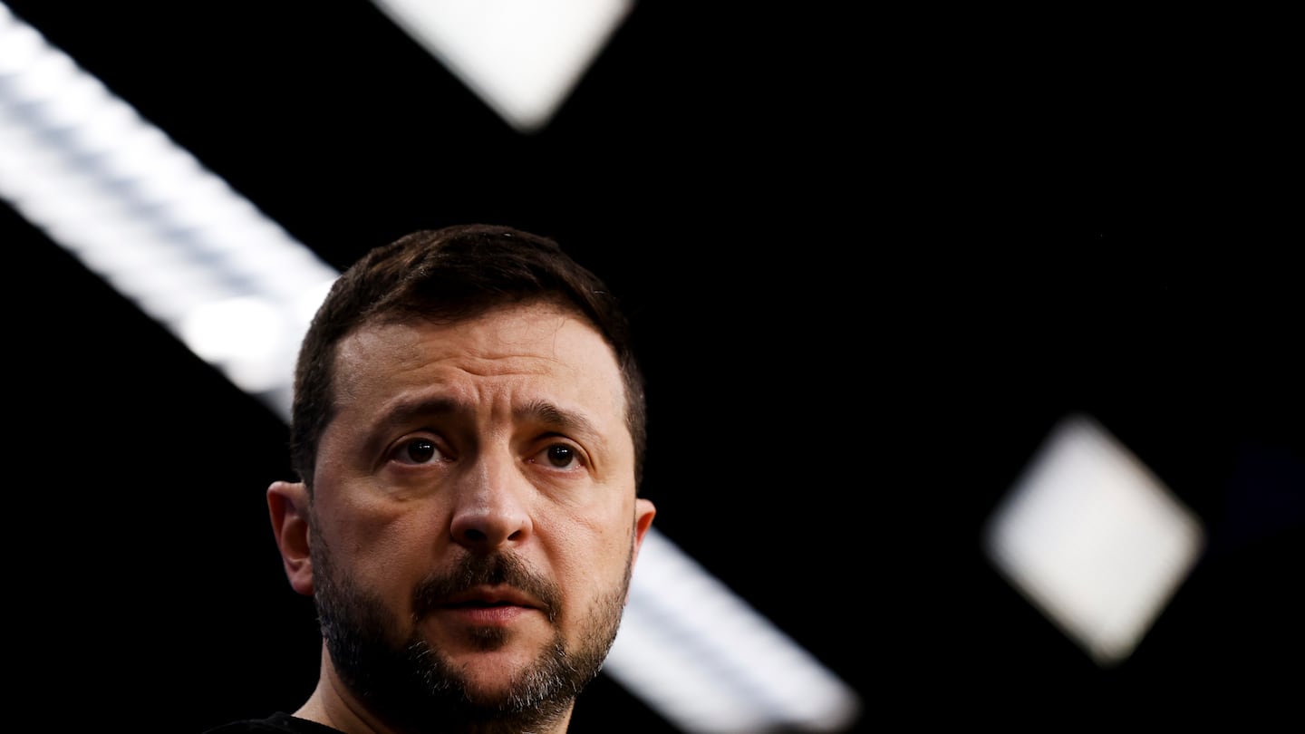 Ukraine's President Volodymyr Zelensky speaks to journalists during a press conference at an EU summit in Brussels, on Oct. 17.