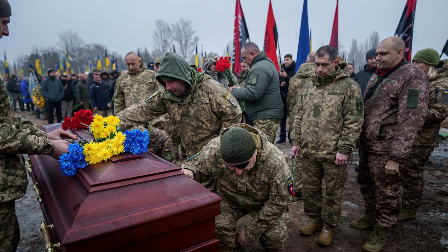 Ukrainian servicemen bid farewell to their comrade Pavlo Vedybida aka "Obolonchik" in a cemetery in Kyiv on Saturday.