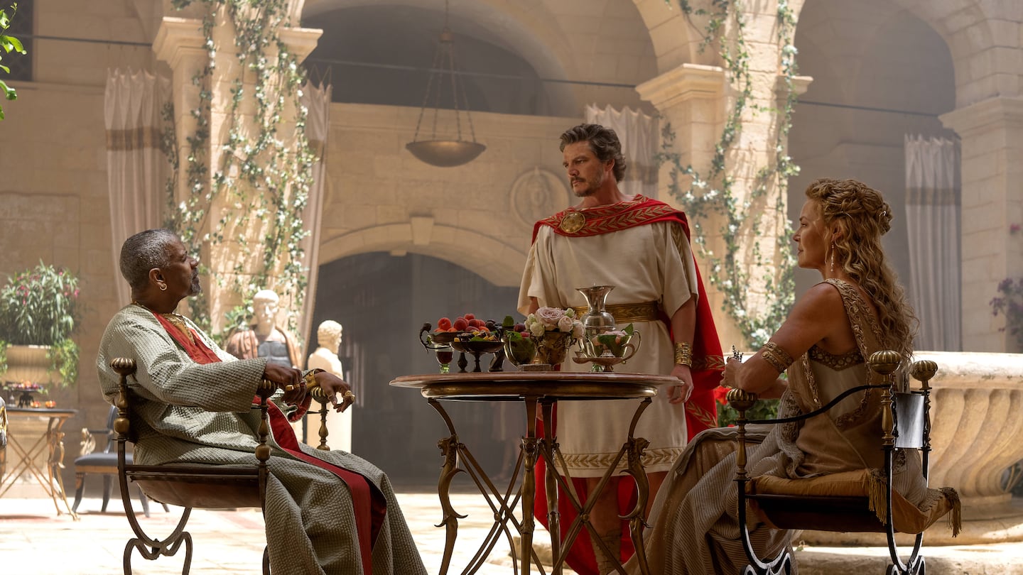 22gladiator - Denzel Washington plays Macrinus, Pedro Pascal plays General Acacius and Connie Nielsen plays Lucilla in Gladiator II from Paramount Pictures. (Aidan Monaghan)