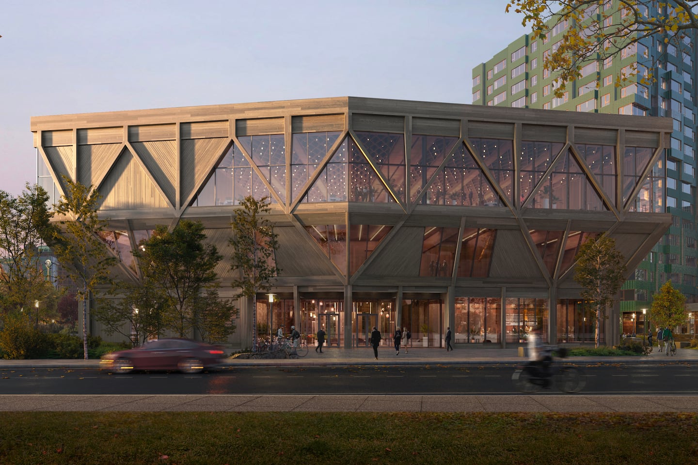 A rendering of the outside of the David Rubenstein Treehouse Conference Center at Harvard University, which is expected to finish construction in the summer of 2025.