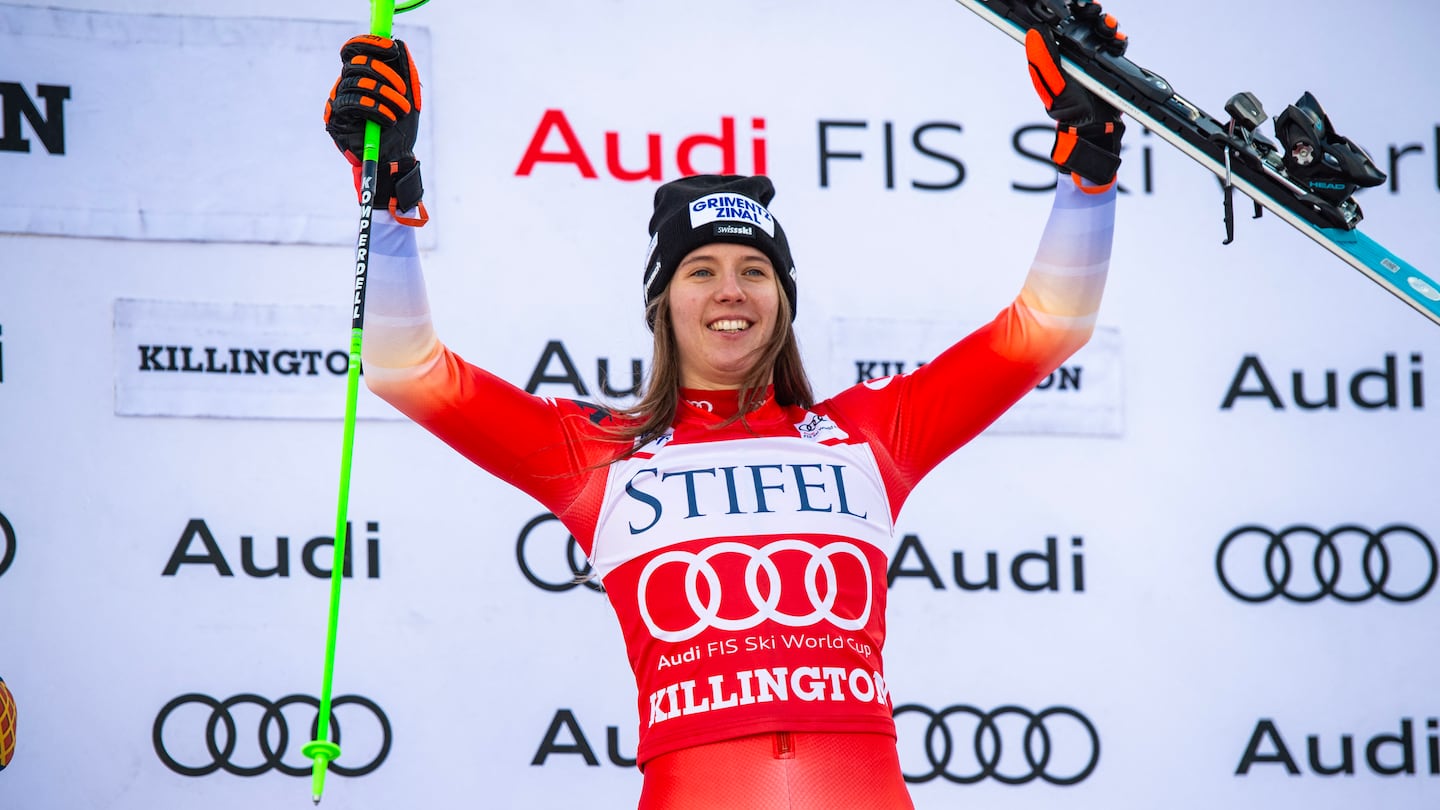 Camille Rast of Switzerland celebrated her victory in the slalom at the Killington Cup.