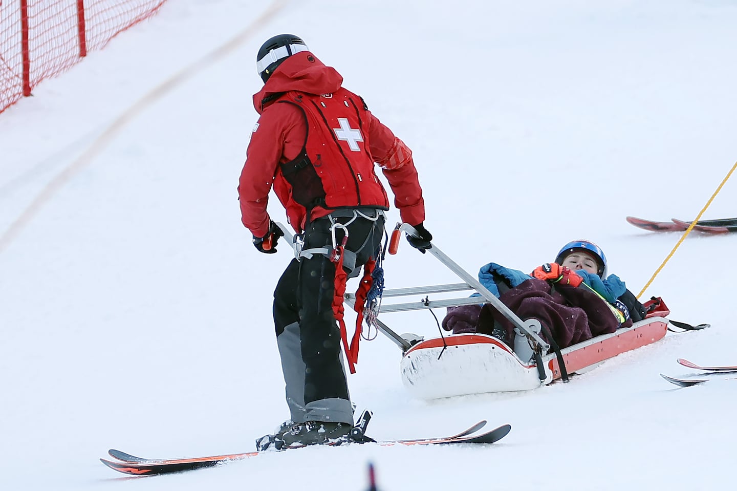 Mikaela Shiffrin was taken off the course by ski patrol after a crash during a World Cup race on Saturday at Killington, Vermont.