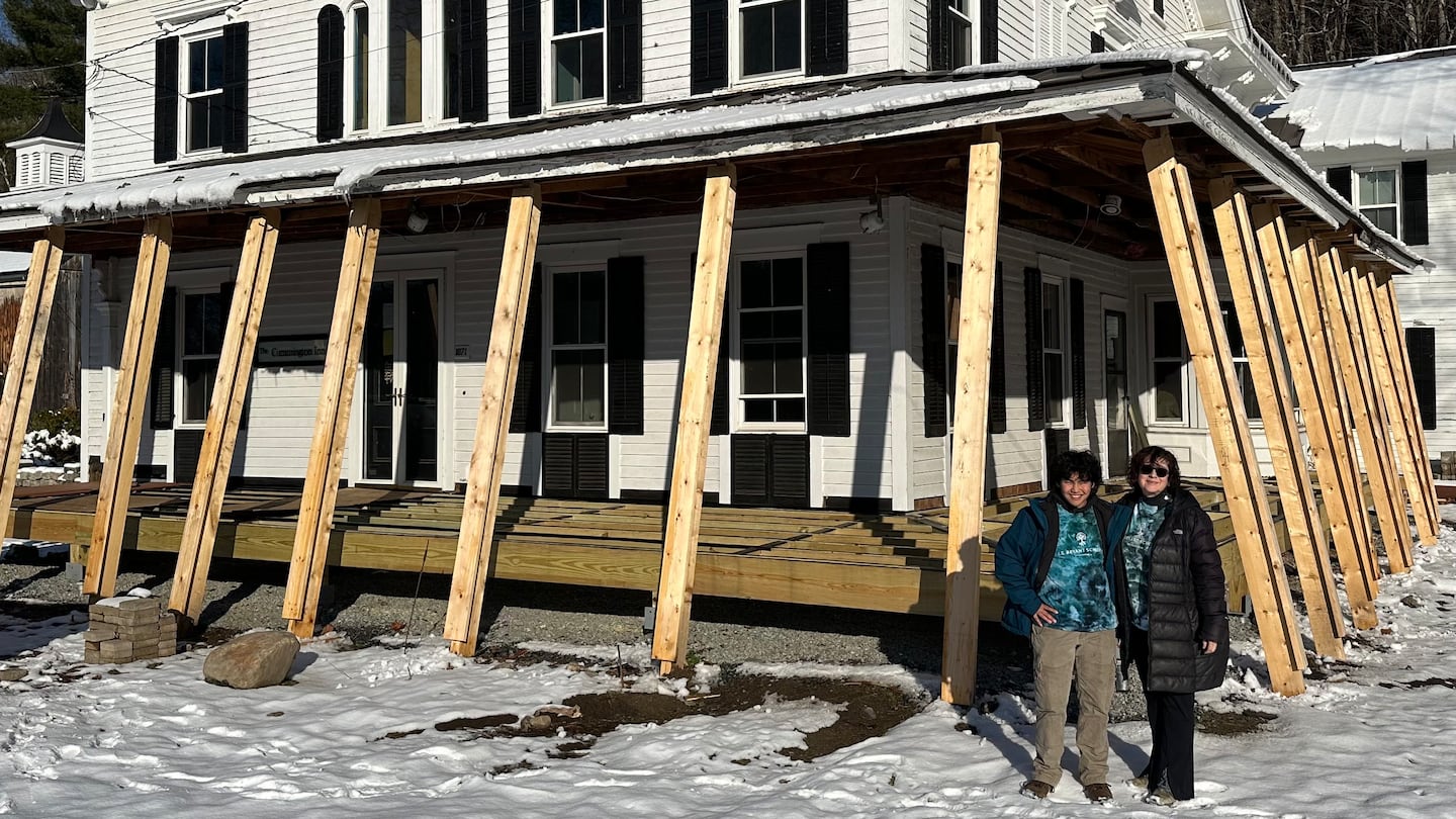 J.S. Bryant School co-founder Allison Druin and her son Atlas Bederson at the school's future site in Cummington.