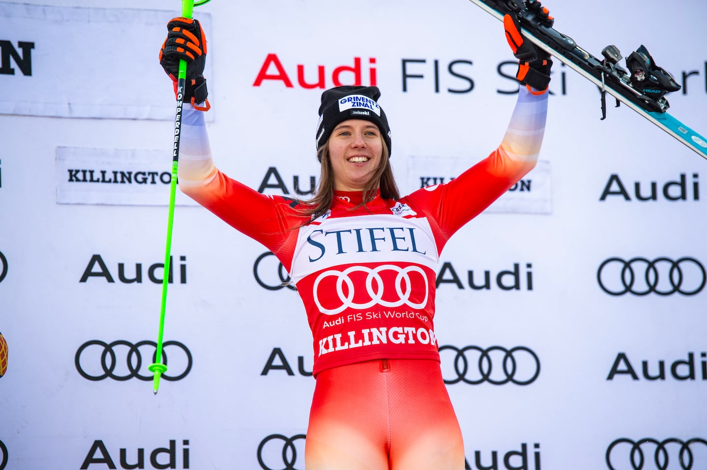 Camille Rast of Switzerland celebrated her victory in the slalom at the Killington Cup.