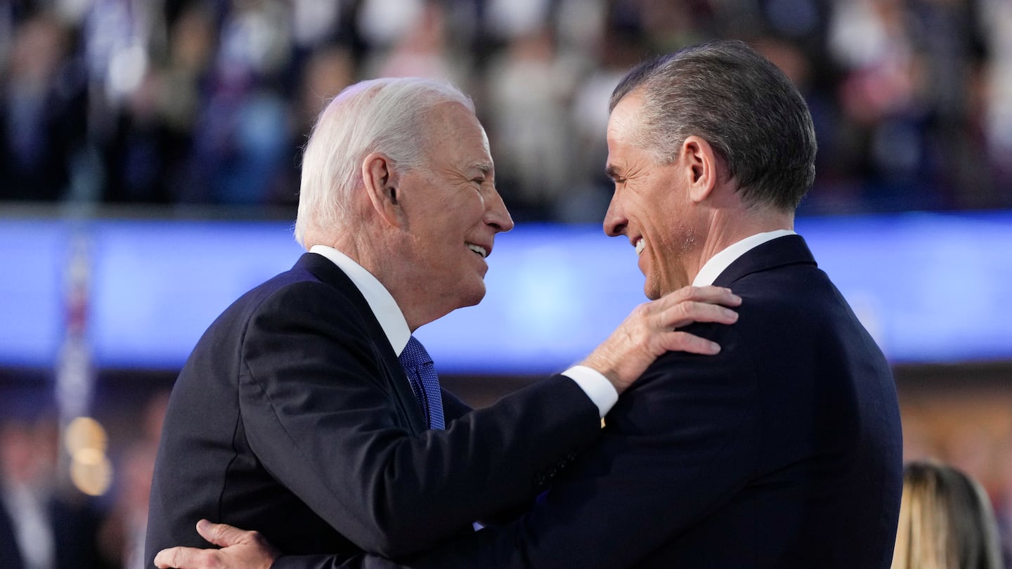 Joe Biden embraced his son Hunter after the president delivered a speech on the first night of the Democratic National Convention at the United Center in Chicago on Aug. 19.