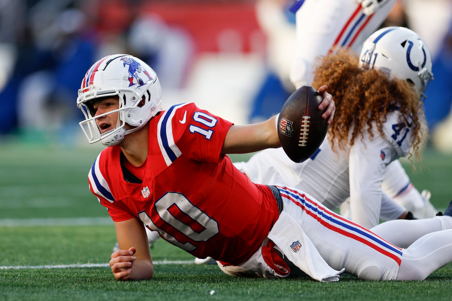 The Patriots may be down, but things are looking up at quarterback with rookie Drake Maye, who ran for 59 yards against the Colts to go with 238 passing.