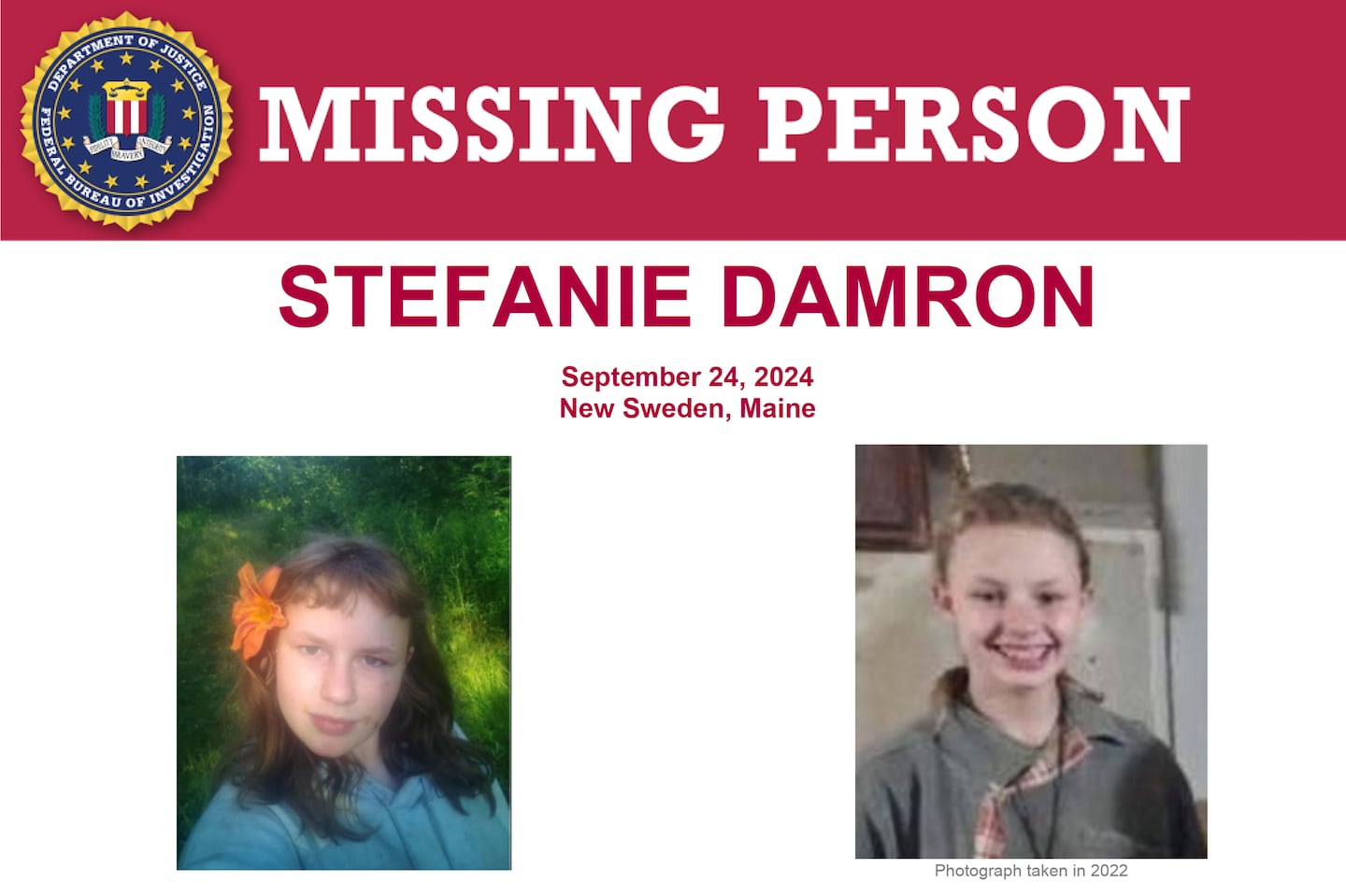 Stefanie Damron is displayed on a FBI Missing Persons poster Sept. 24, 2024, in New Sweden, Maine.