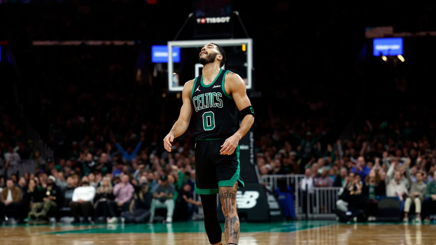 It was a tough night for Jayson Tatum, as he hit only 7 of his 21 shot attempts, including just 3 of 12 from 3-point range — though he did make this one in the first quarter of Monday's win over the Heat at the Garden.