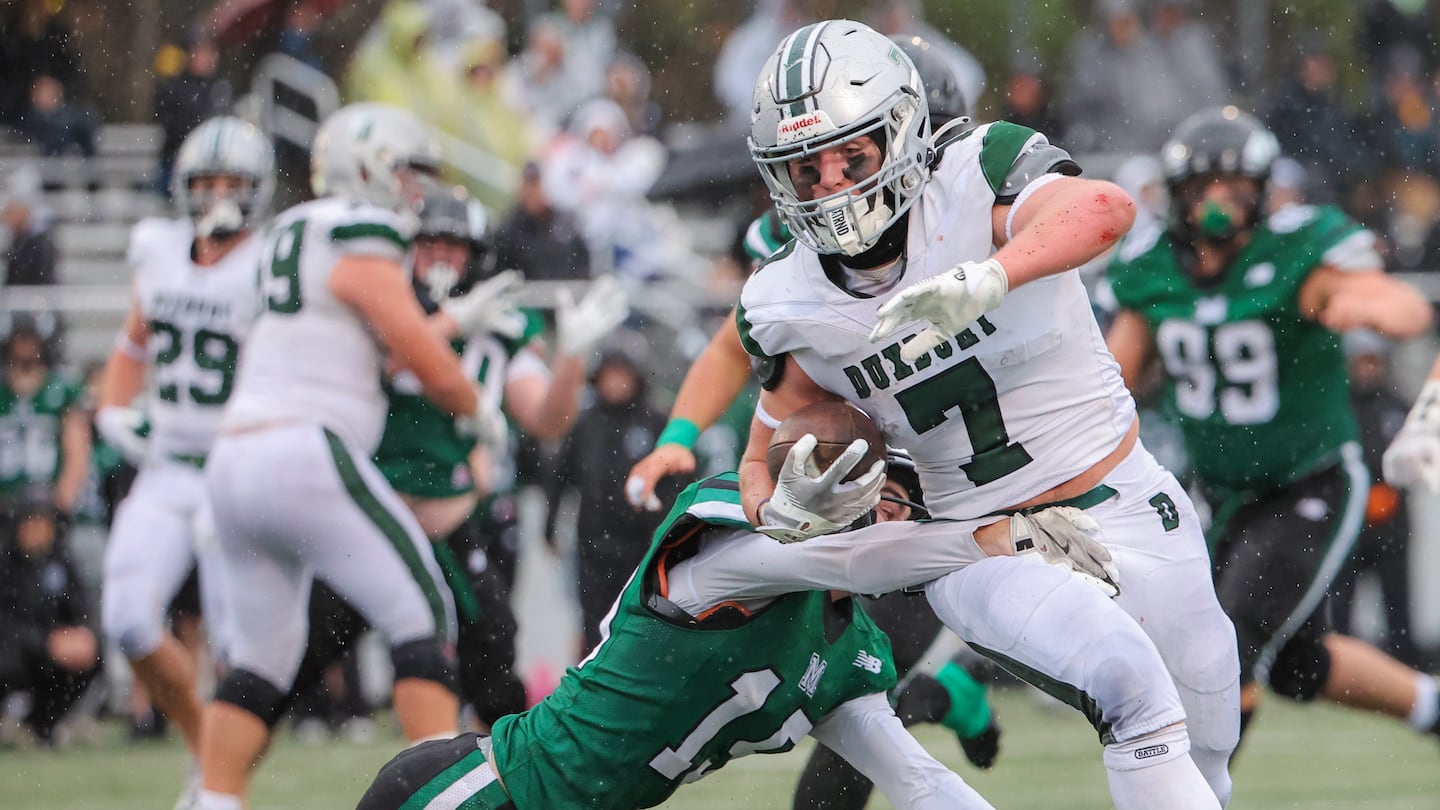 Jack Rees (7) has been a force for defending Division 4 champion Duxbury, racking up 1,486 yards and 21 TDs rushing, while also pacing defensively with 72 tackles, 5 sacks, 2 interceptions.