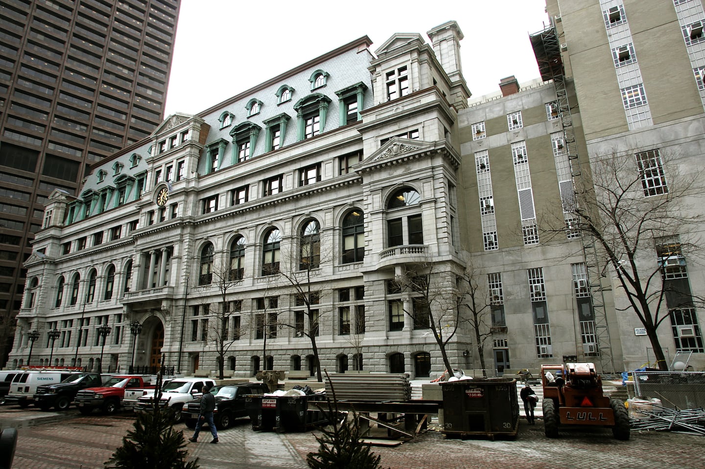 The John Adams Courthouse, at left, and the Suffolk Superior Court, at right.