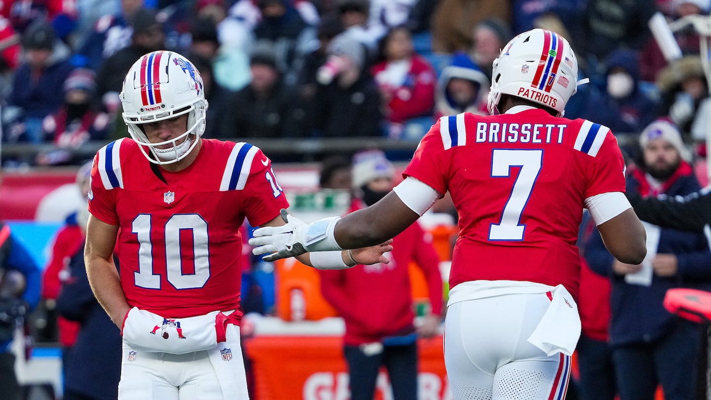 Patriots quarterback Drake Maye (left) was impressive against the Colts, completing 24 of 30 passes for 238 yards.