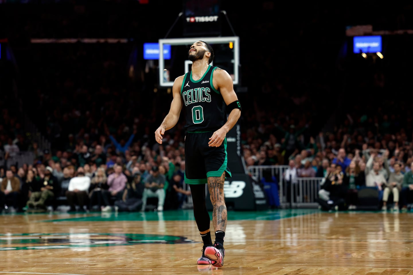 It was a tough night for Jayson Tatum, as he hit only 7 of his 21 shot attempts, including just 3 of 12 from 3-point range — though he did make this one in the first quarter of Monday's win over the Heat at the Garden.