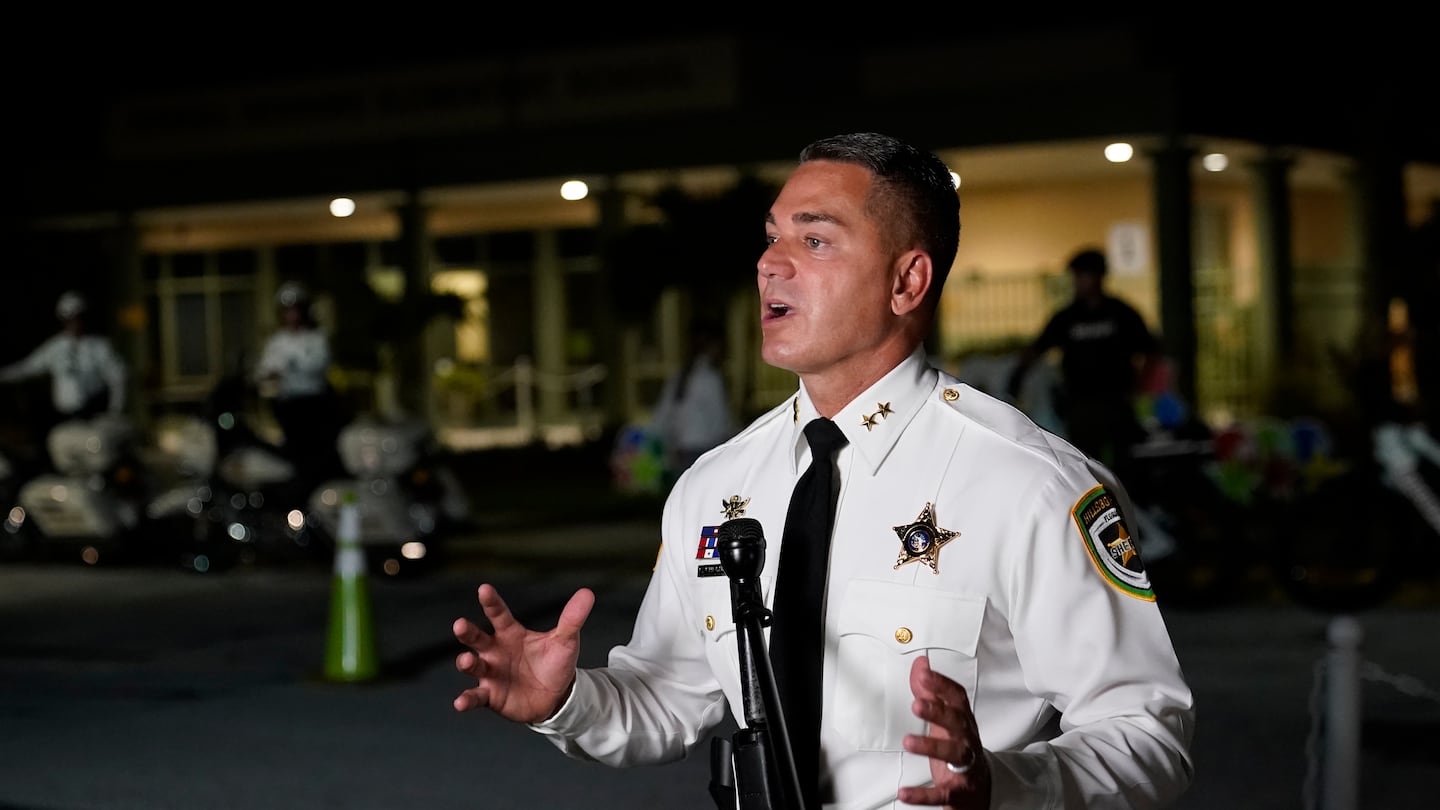 Hillsborough County, Fla., Sheriff Chad Chronister talks to the media before the first day of school at Sessums Elementary School Tuesday, Aug. 10, 2021, in Riverview, Fla.