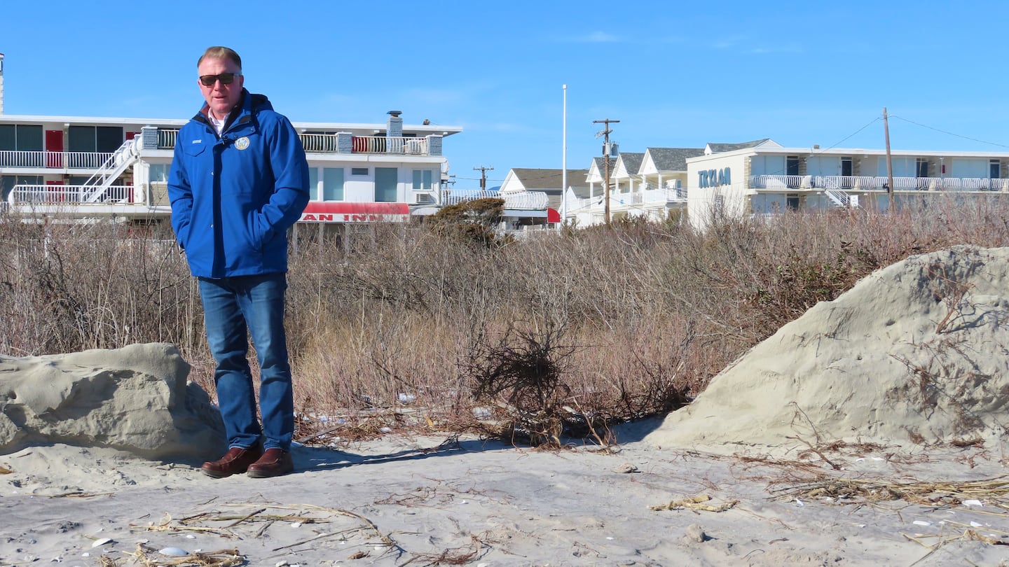 Mayor Patrick Rosenello stood next to a destroyed section of sand dune in North Wildwood, N.J., on Jan. 22.