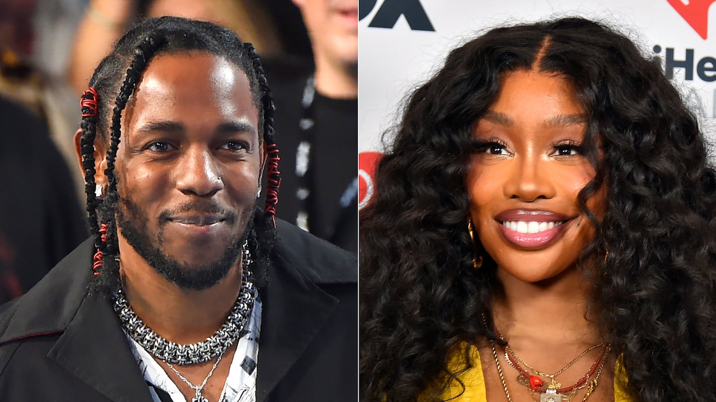 Kendrick Lamar appears at the MTV Video Music Awards in Inglewood, Calif., on Aug. 27, 2017, left, and SZA appears in the press room at the iHeartRadio Music Awards in Los Angeles on April 1, 2024.