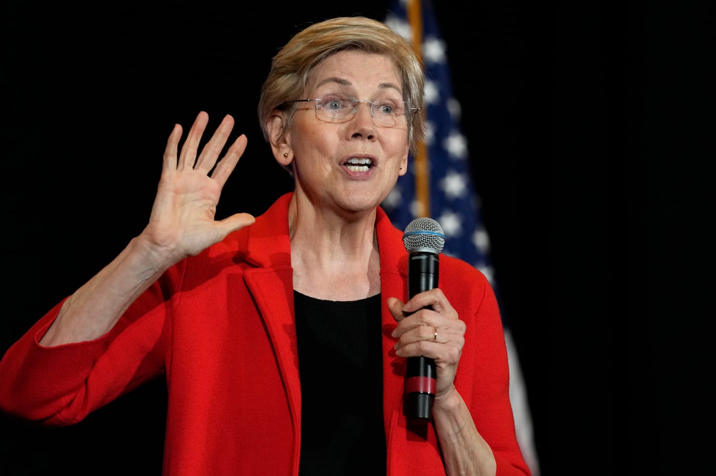 Senator Elizabeth Warren gestures during a town hall meeting in Boston on April 12, 2023.