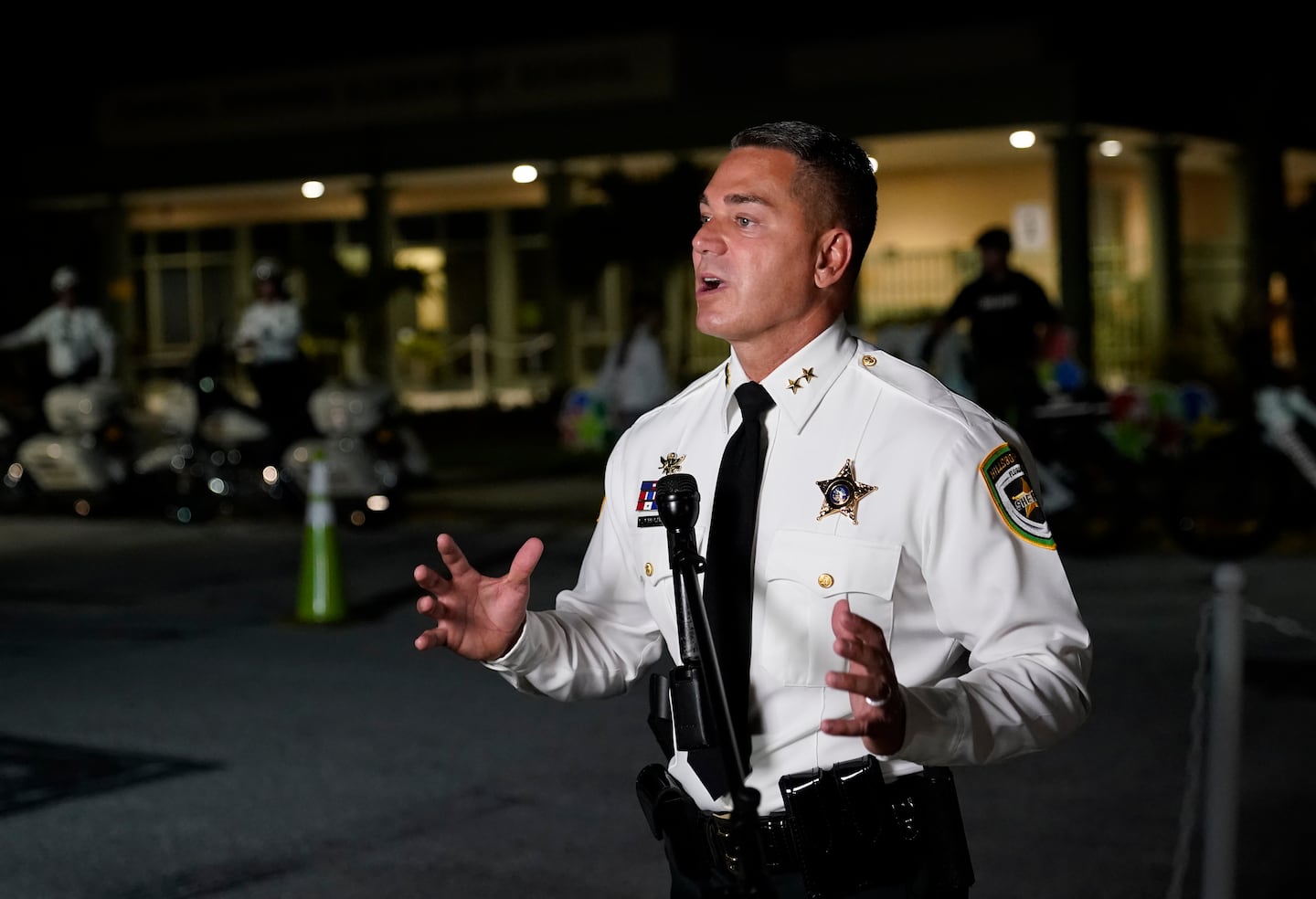 Hillsborough County, Fla., Sheriff Chad Chronister talks to the media before the first day of school at Sessums Elementary School Tuesday, Aug. 10, 2021, in Riverview, Fla.