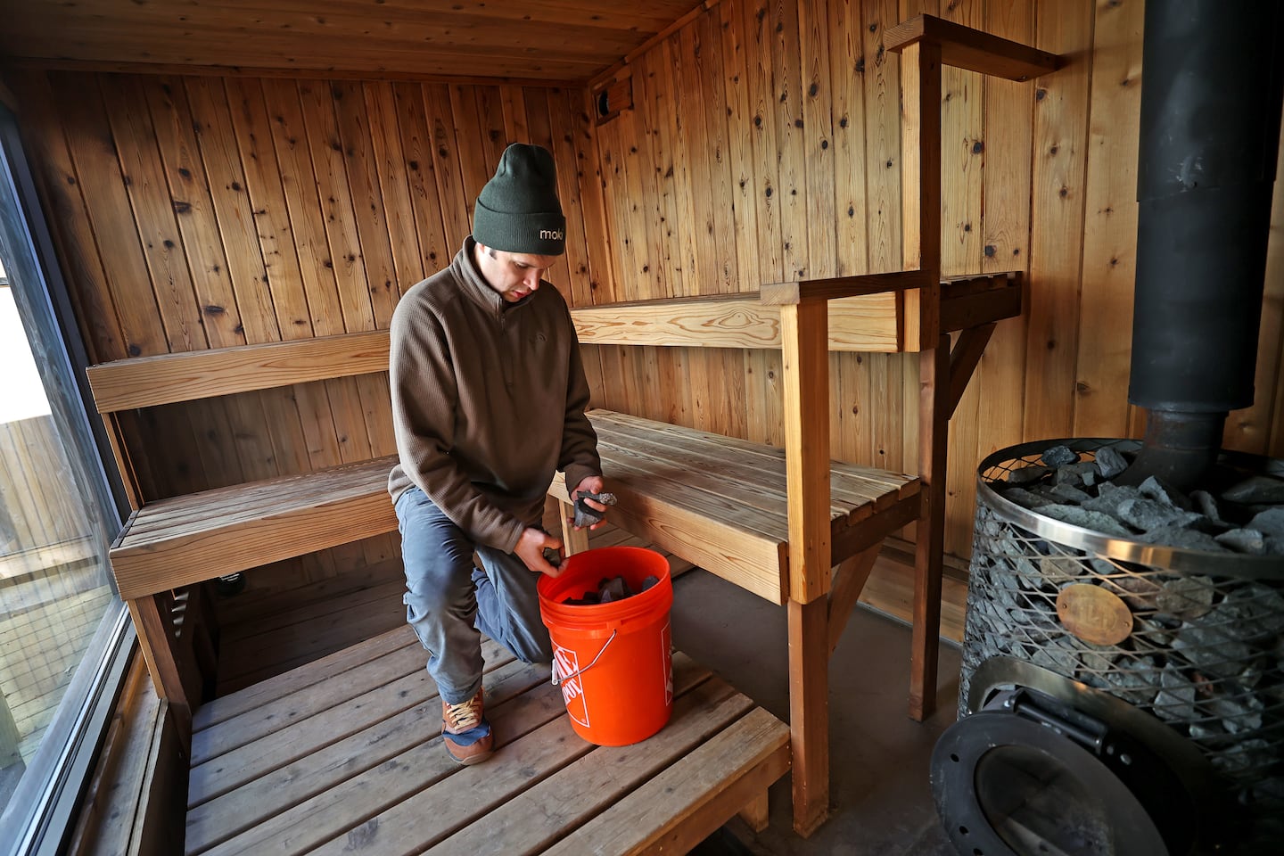 Mark Peloquin, owner of Moki, set up an outdoor sauna village in Somerville.