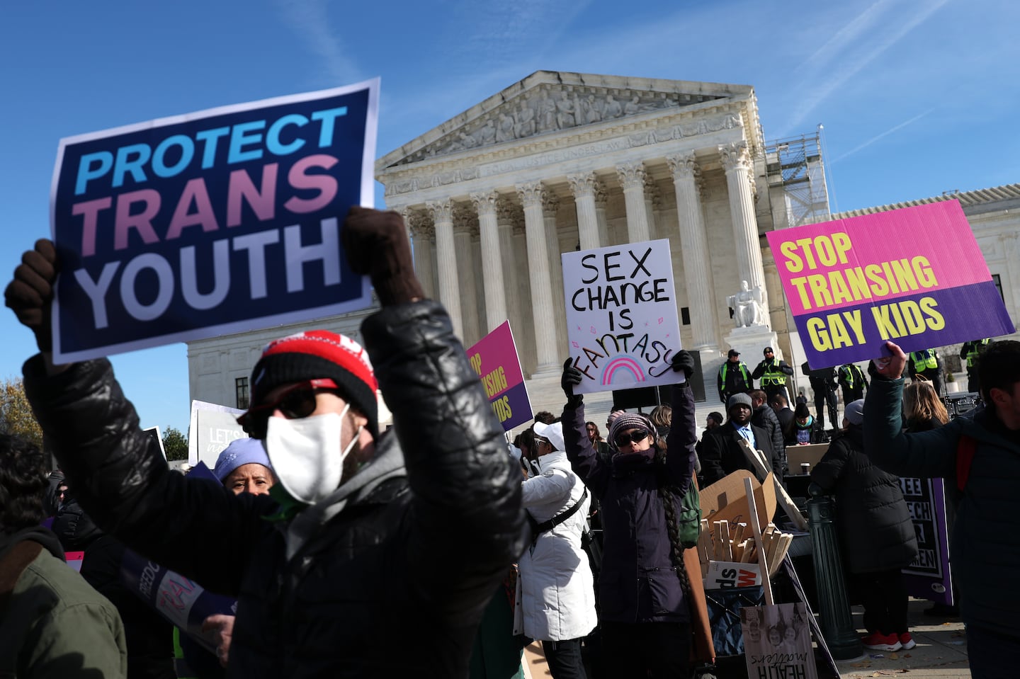 Transgender rights supporters and opponent rally outside of the U.S. Supreme Court as the high court hears arguments in a case on medical transition treatments for minors. The Supreme Court is hearing arguments in US v. Skrmetti, a case about Tennessee's law banning gender-affirming care for minors and if it violates the Constitution's equal protection clause.