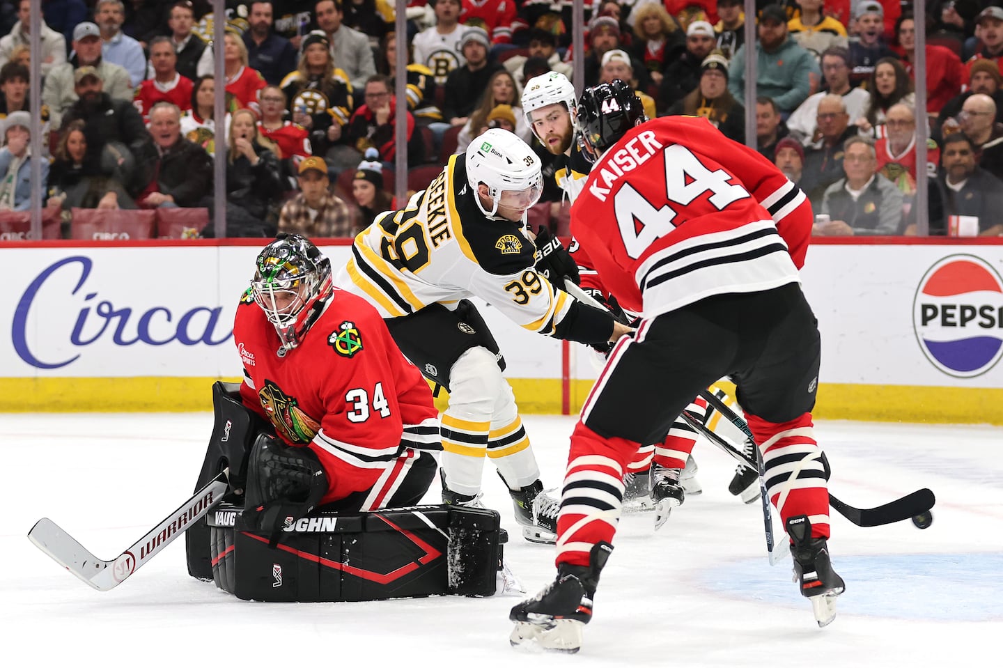 Bruins forward Morgan Geekie was in the right place at the right time, putting his own rebound past Blackhawks goalie Petr Mrazek for the first of his two goals to tie the score 1-1 at 12:17 of the first period Wednesday night. 