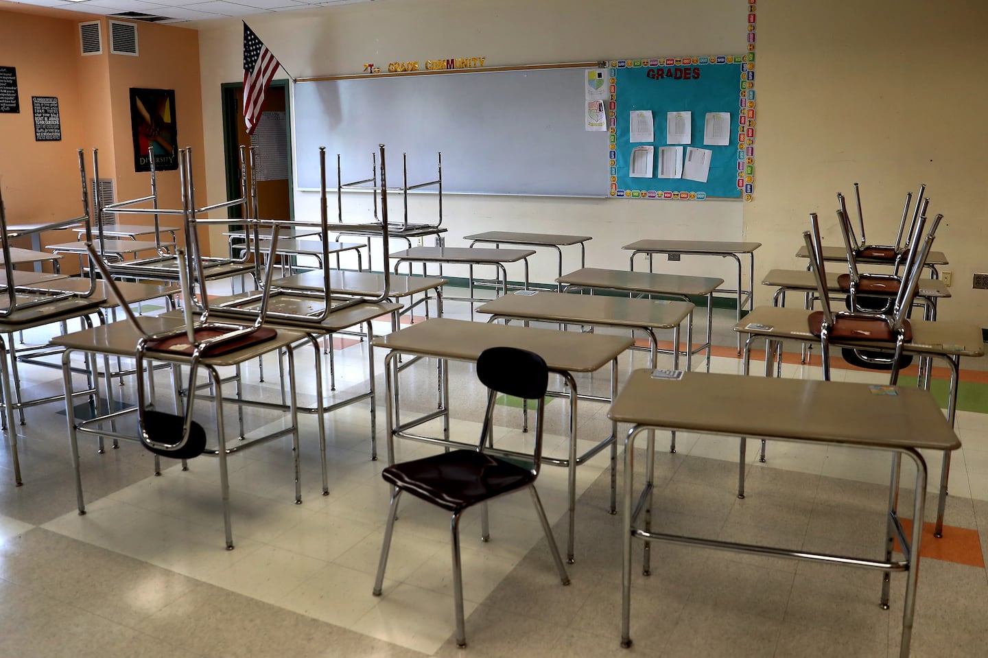 A clean classroom at the Mildred Avenue K-8 School building in Mattapan for the reopening of school in 2020, after closing amid the coronavirus pandemic.