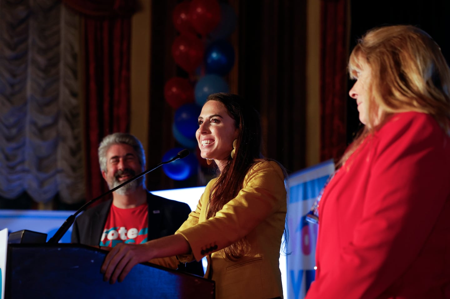 State Auditor Diana DiZoglio spoke at an Election Night party at the Fairmont Copley Plaza Hotel in Boston alongside leaders of the Massachusetts Teachers Association.