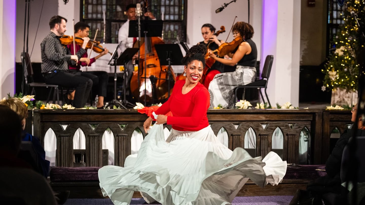 Castle of our Skins performing at Bethel AME in Jamaica Plain, featuring dancer and 2023-24 creative in residence Jenny Oliver, and musicians (left to right) Matthew Vera, Grant Houston, Ian Saunders, Francesca McNeeley, and Ashleigh Gordon.