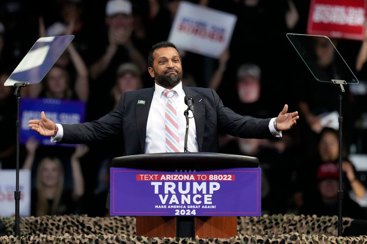 Kash Patel speaks before Donald Trump at a campaign rally at the Findlay Toyota Arena Oct. 13, 2024, in Prescott Valley, Ariz.