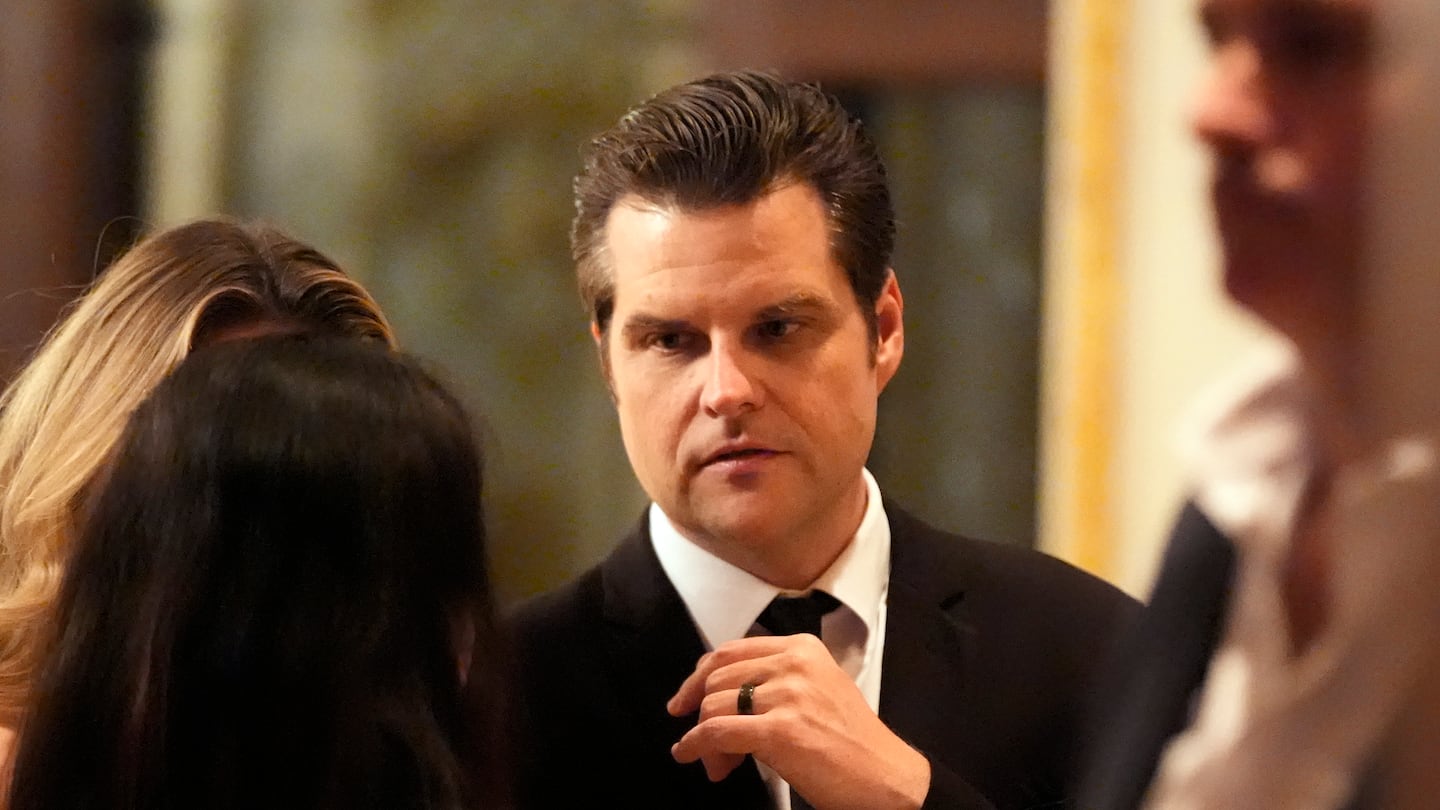 Matt Gaetz talks before President-elect Donald Trump speaks during an America First Policy Institute gala at his Mar-a-Lago estate, Thursday, Nov. 14, 2024, in Palm Beach, Fla.