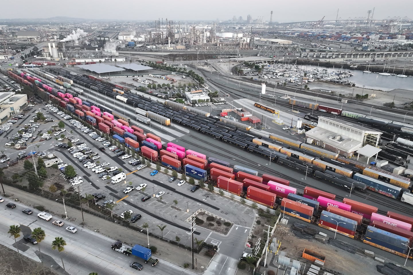 An aerial view of shipping containers on rail cars at the Port of Los Angeles on Dec. 4, in Wilmington, Calif.