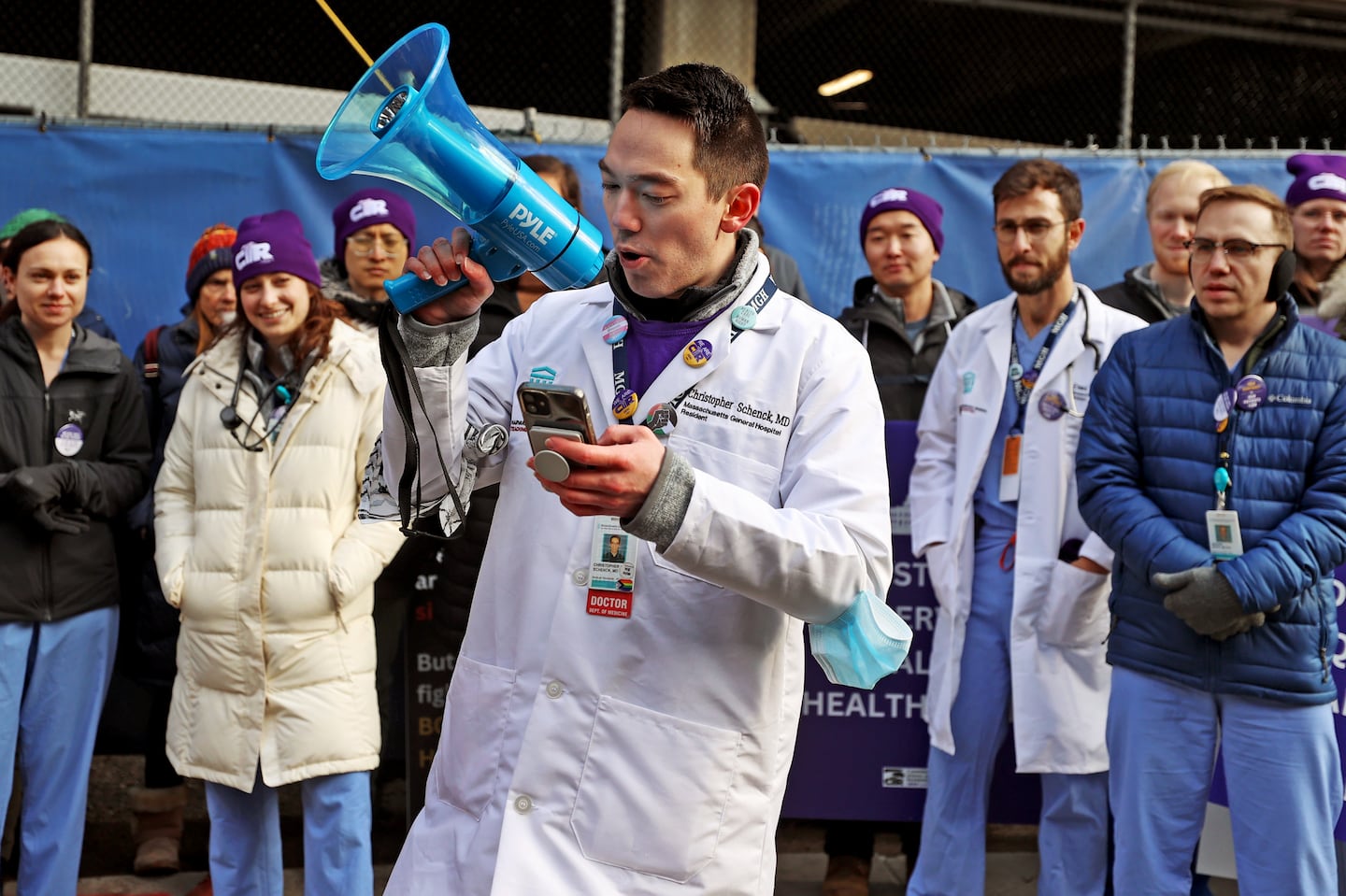 Dr. Chris Schenck, a second-year resident, said he sold his plasma to a blood bank at least six times to help cover his living expenses. He was among hundreds of residents and fellows with the recently formed Committee of Interns and Residents who demonstrated Thursday outside Mass General Hospital and Brigham & Women's Hospital.