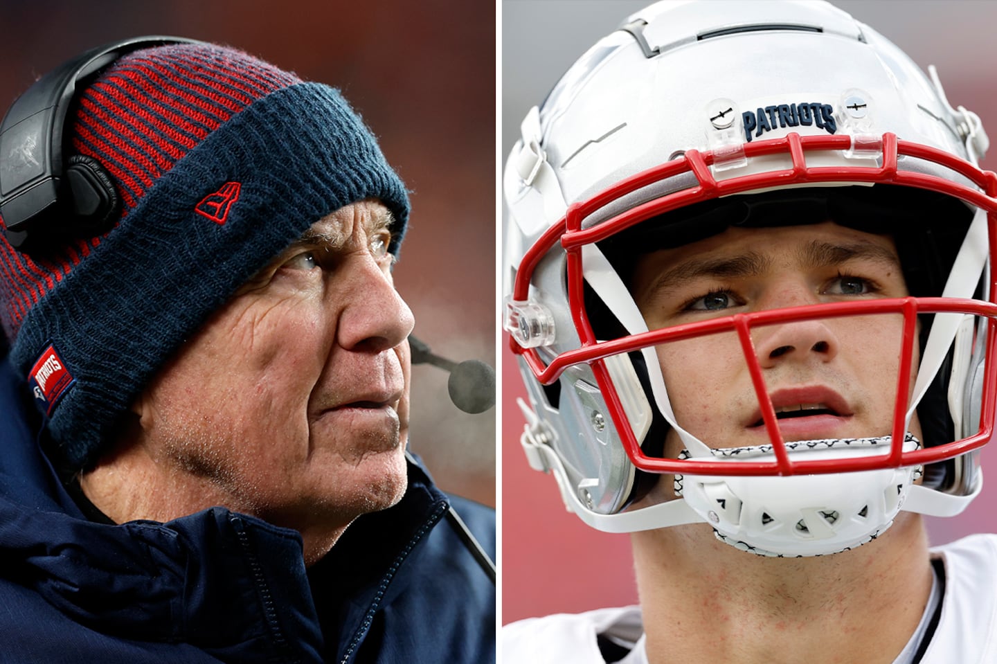 Former New England Patriots head coach Bill Belichick and current quarterback Drake Maye.