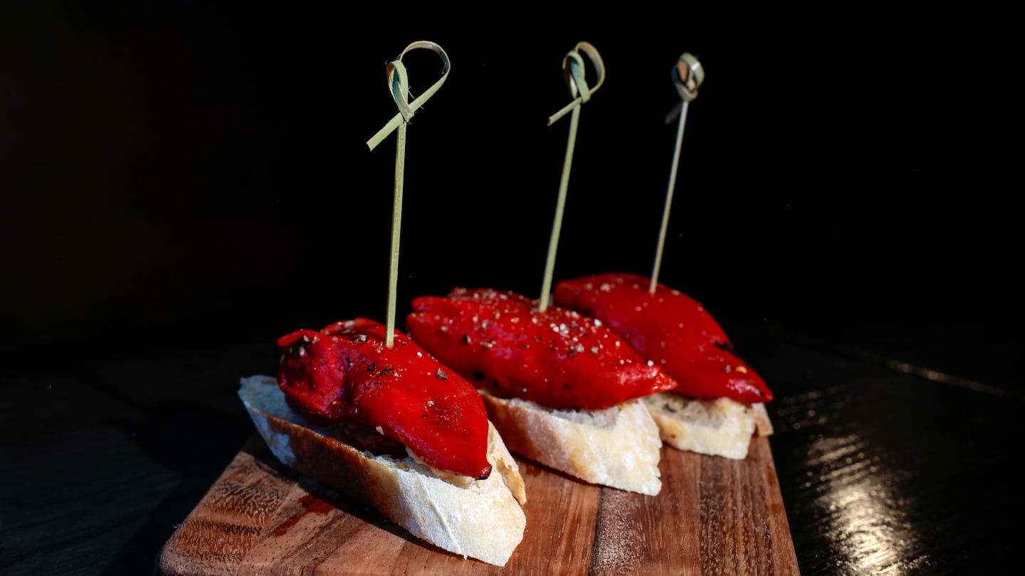 Zurito specializes in pintxos, bite-size snacks, like these pimientos rellenos de bacalao (piquillo peppers stuffed with salt cod).