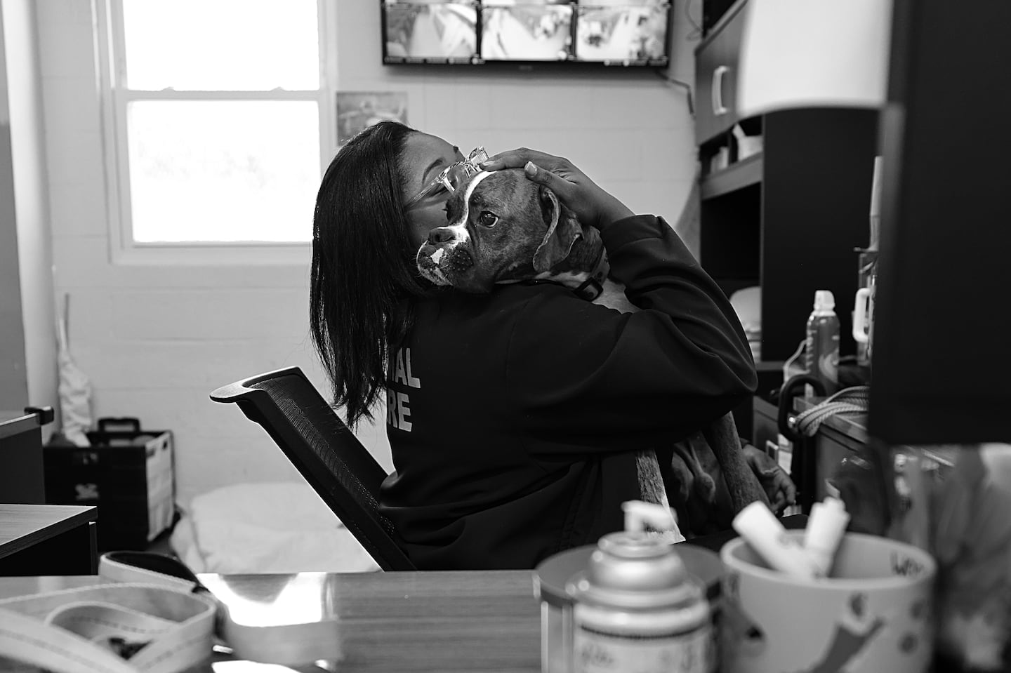 Robyn Bonds held Bruce, a boxer, who was abandoned and brought in the previous day, at the Boston Animal Care and Control Shelter in Roslindale.