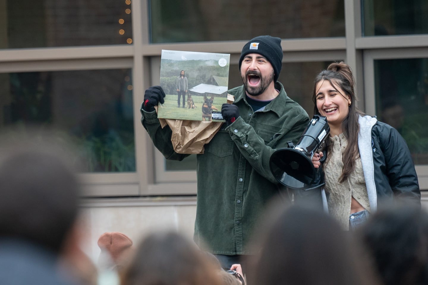 From left: Winner Sam Spanierman and student organizer Casey O’Toole at UVM's Noah Kahan lookalike contest on Thursday.