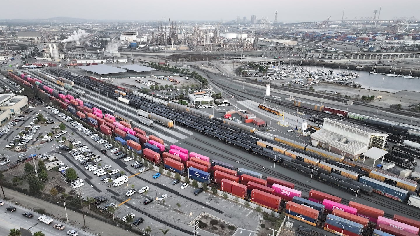 An aerial view of shipping containers on rail cars at the Port of Los Angeles on Dec. 4, in Wilmington, Calif.