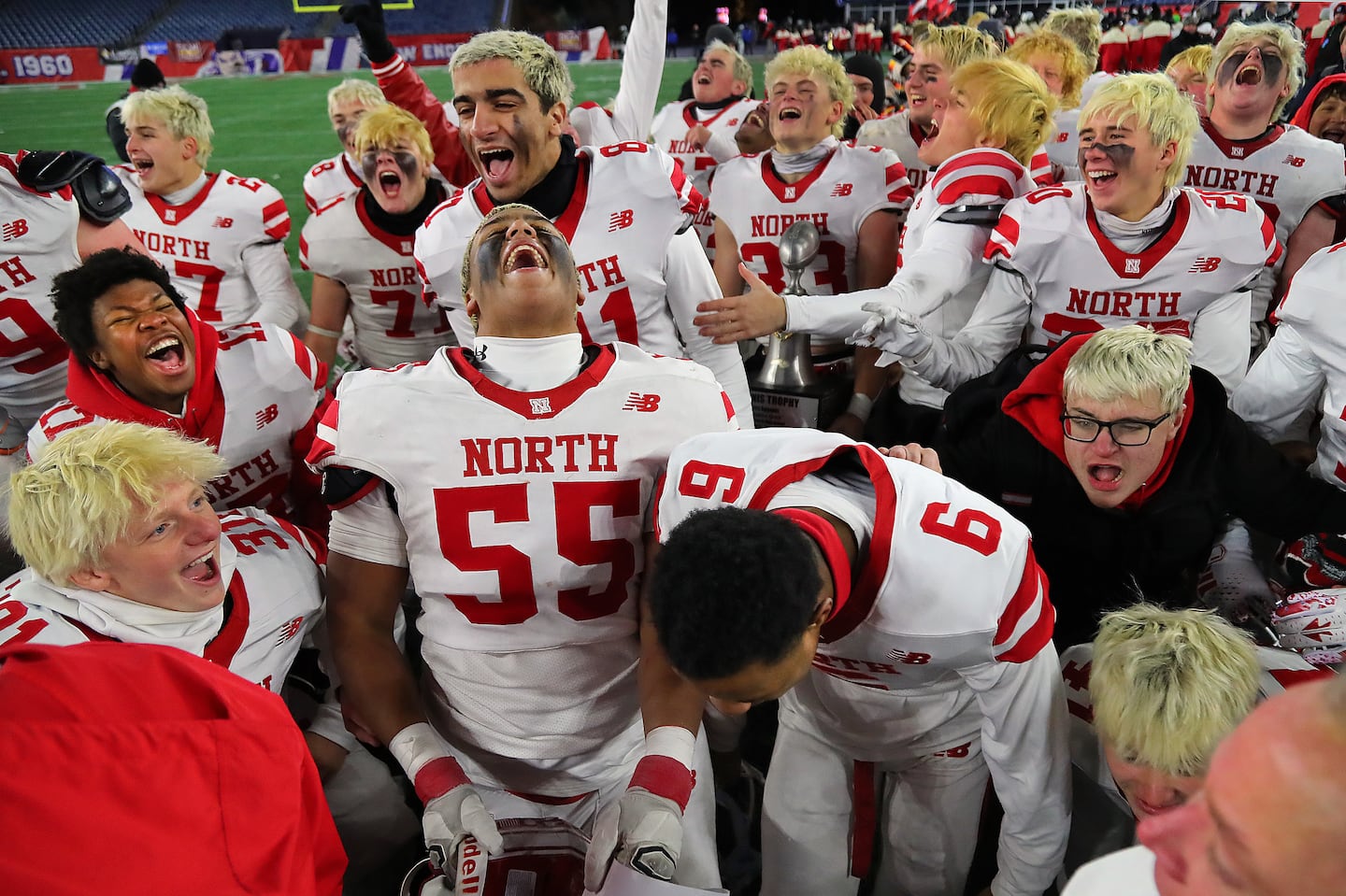 Foxborough-12/6/2024 MIAA Superbowls at Gillette Stadium- Div 3-Mansfield vs North Attleborough -North Attleborough players celebrate at the end of the game. John Tlumacki/Globe Staff (sports) 