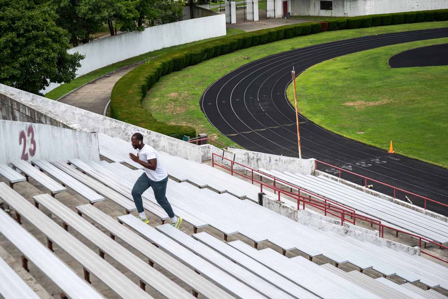 Fedlyn Philippe of Dorchester ran up the stairs during a workout at White Stadium in Franklin Park in August.