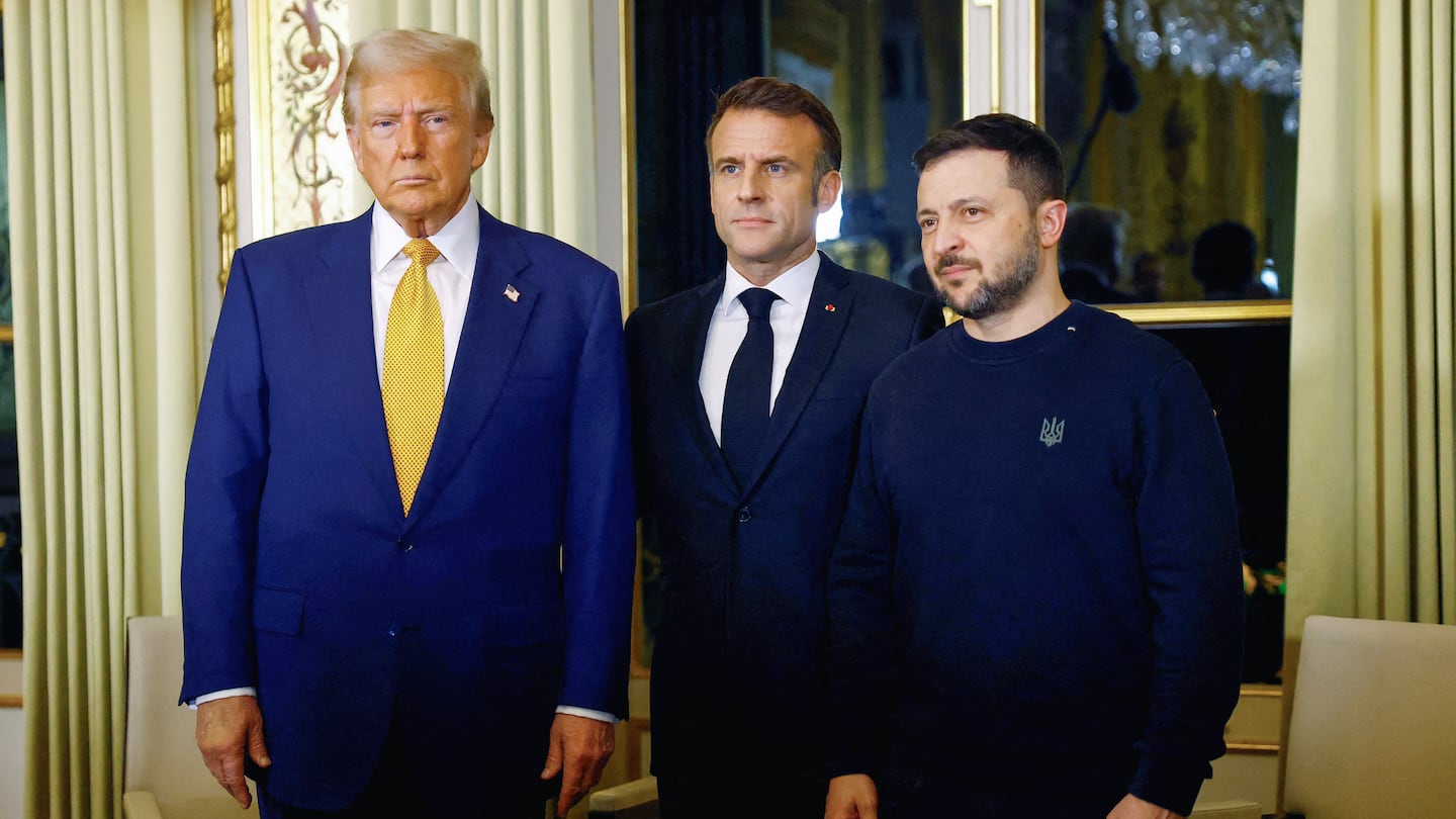 President-elect Donald Trump met with French President Emmanuel Macron, center, and Ukraine's President Volodymyr Zelensky in Paris on Saturday.