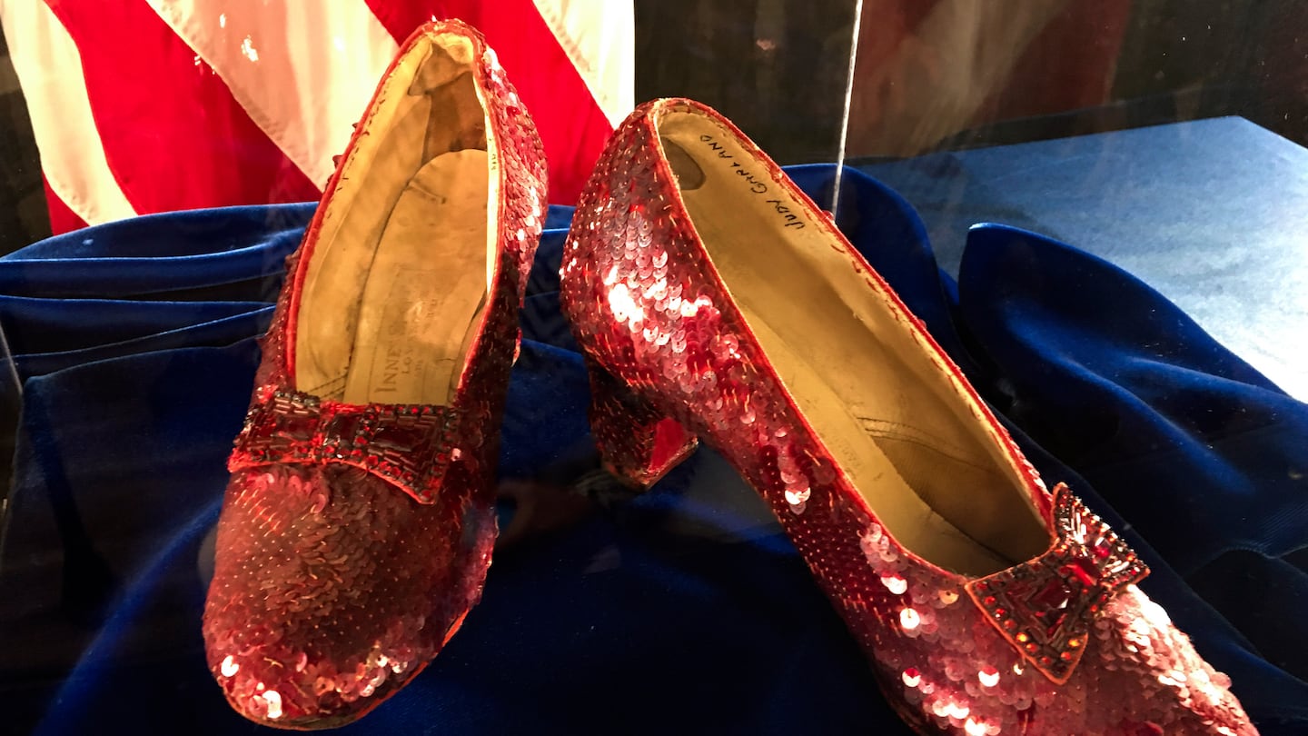 Ruby slippers once worn by Judy Garland in the "The Wizard of Oz," are displayed at a news conference in September 2018 at the FBI office in Brooklyn Center, Minn.