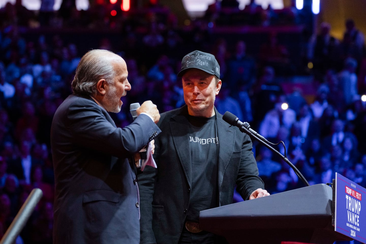 Howard Lutnick and Elon Musk during a rally for Donald Trump at Madison Square Garden in New York, Oct. 27, 2024.