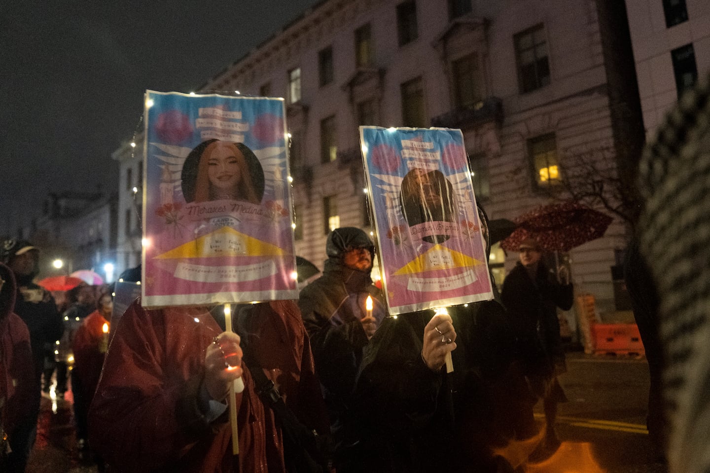 Marchers held memorial posters during a march to commemorate Transgender Day of Remembrance in San Francisco on Nov. 20.