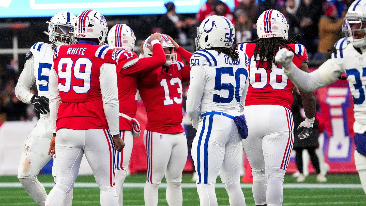 Patriots kicker Joey Slye reacts after missing a potential game-winning field goal with no time left in the fourth quarter of New England's loss to Indianapolis on Dec. 1. It was a 68-yard attempt.