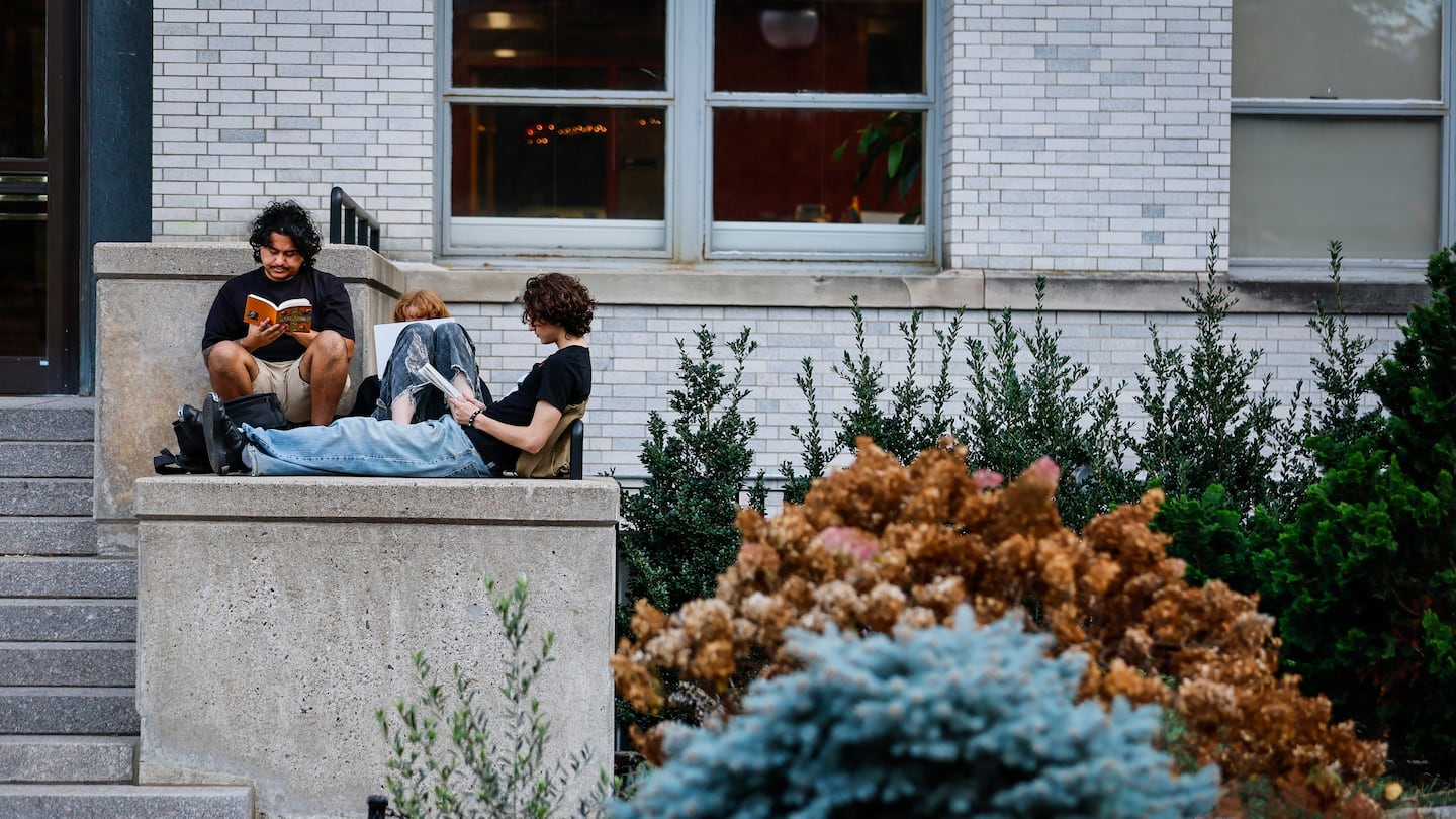 Students study on Northeastern University’s campus on Nov. 6.