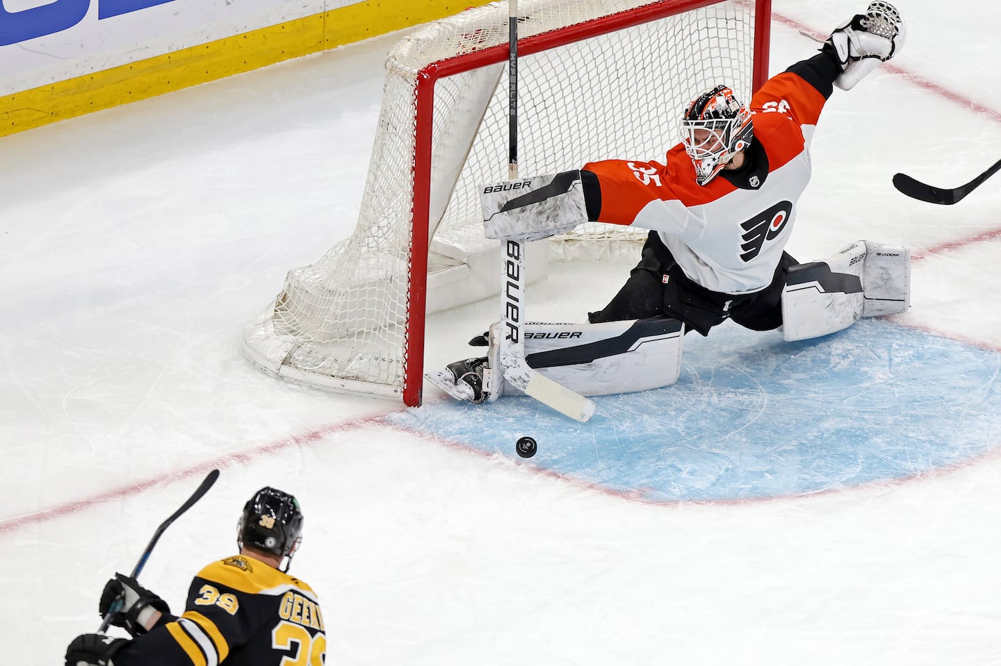 Flyers goalie Aleksei Kolosov stops the  Bruins' Morgan Geekie in the second period Saturday, but Geekie has been effective since being put on the top line with Pavel Zacha and David Pastrnak.