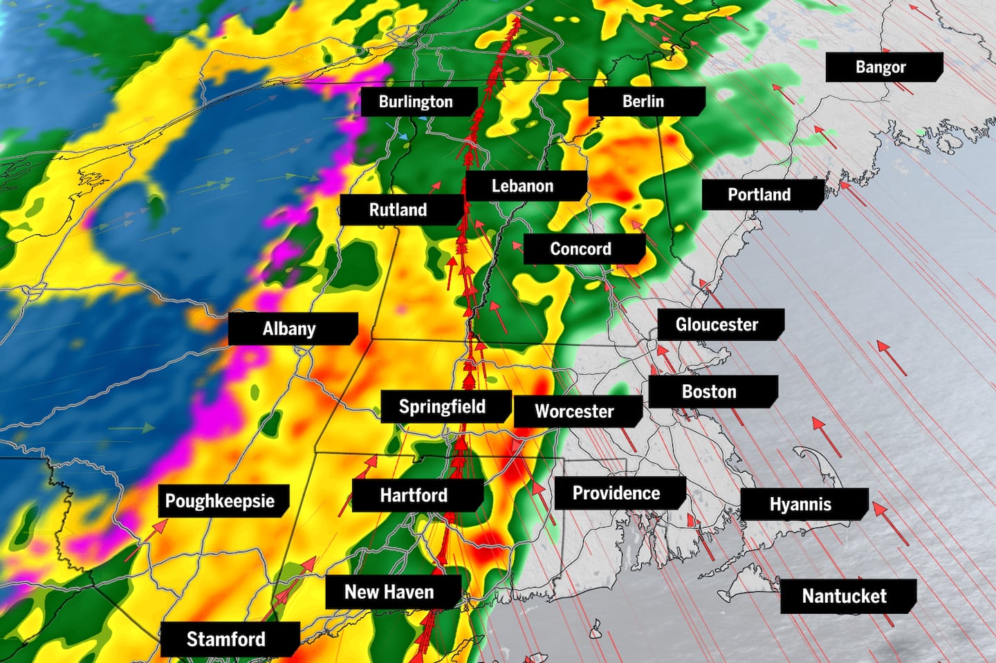 A major rainmaker of a storm moves into New England starting late tonight. Above, is the storm system unloading heavy rain around 7 p.m., Wednesday.