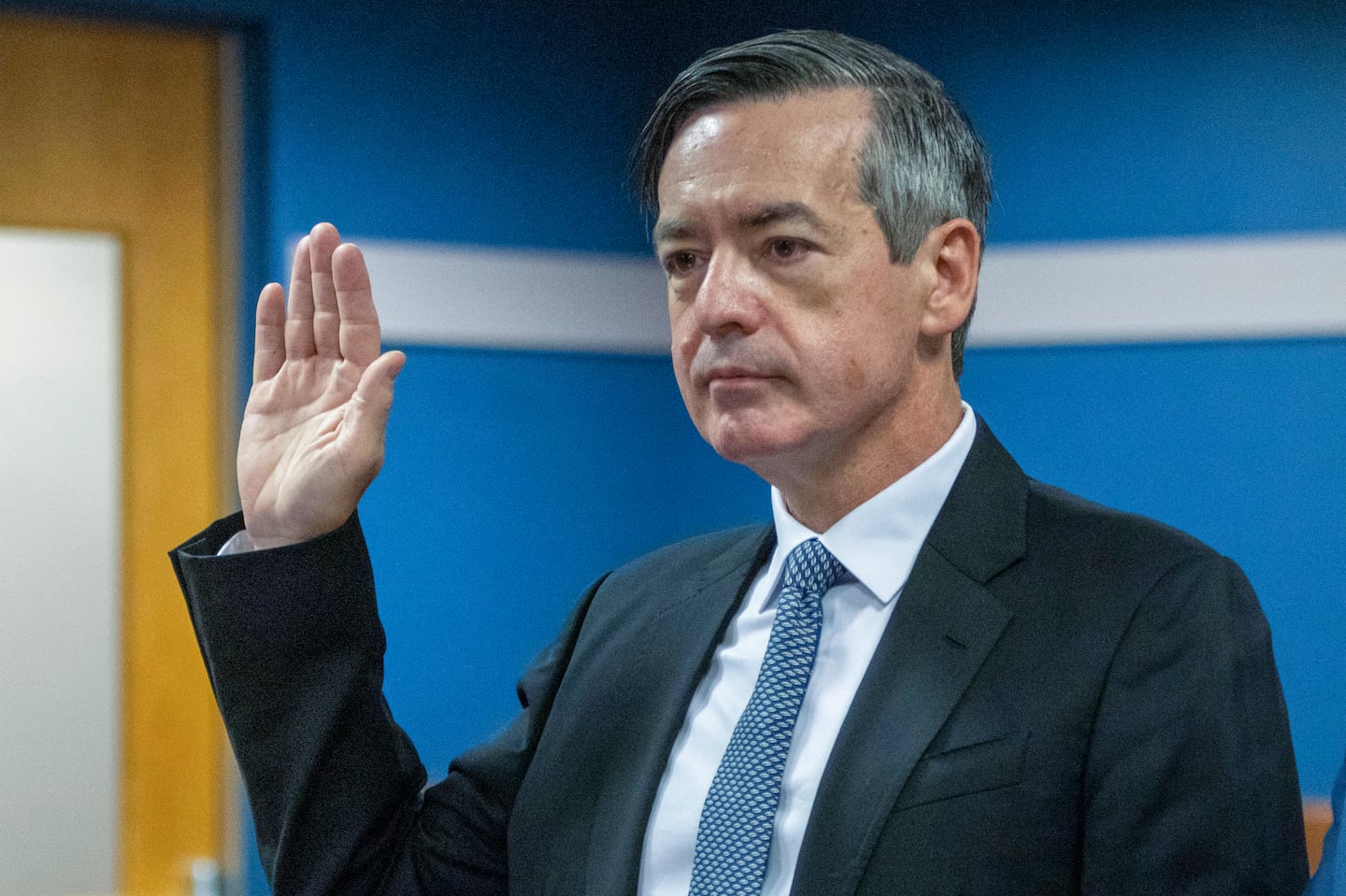 Lawyer Kenneth Chesebro is sworn in during a plea deal hearing, Oct. 20, 2023, at the Fulton County Courthouse in Atlanta. 