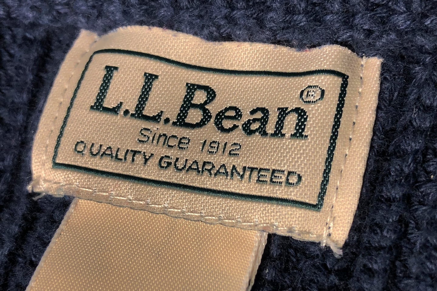 The L.L. Bean label is displayed in the collar of a sweater in 2020.