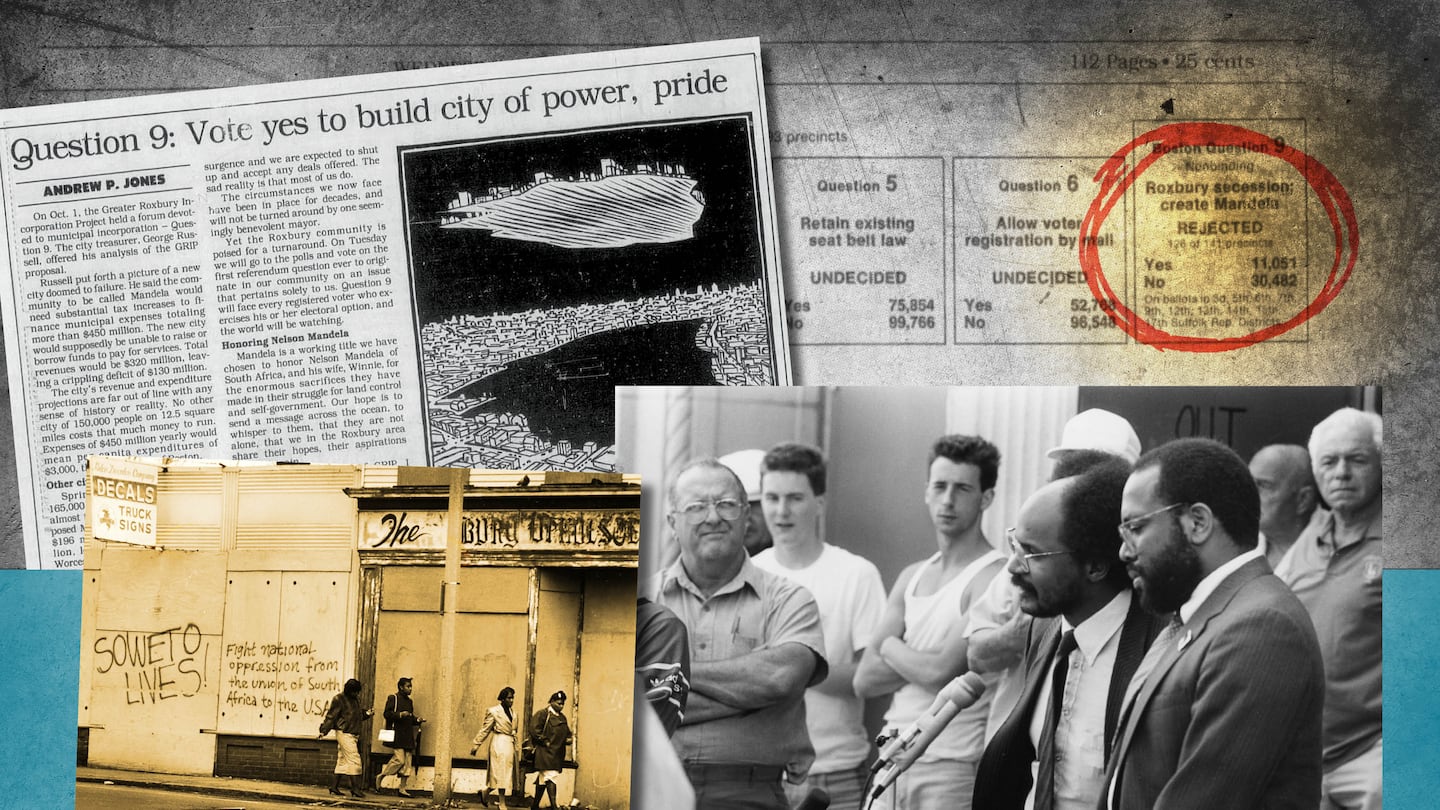 Counterclockwise from top right: A front page showed the referendum loss, an excerpt of a page with Andrew Jones v. anti-secession opinions, a photo of graffiti that references Soweto-Sharpeville, a proposed name for the incorporated city, in Dudley Square, and a photo of Andrew Jones and Curtis Davis, cofounders of G.R.I.P., Greater Roxbury Incorporated Project, speaking at a press conference. 